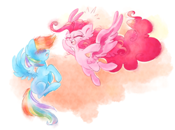 Size: 6263x4681 | Tagged: safe, artist:pinkablue, character:pinkie pie, character:rainbow dash, species:pegasus, species:pony, ship:pinkiedash, ..., abstract background, absurd resolution, blushing, cute, dashabetes, diapinkes, ear fluff, eyes closed, female, flying, incoming hug, lesbian, mare, pegasus pinkie pie, race swap, shipping, smiling