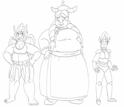 Size: 2894x2516 | Tagged: safe, artist:catstuxedo, character:ocellus, character:smolder, character:yona, species:human, bbw, chubby, fat, humanized, monochrome, winged humanization, wings