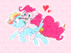 Size: 3475x2608 | Tagged: safe, artist:pinkablue, character:pinkie pie, character:rainbow dash, species:earth pony, species:pegasus, species:pony, ship:pinkiedash, abstract background, blushing, ear fluff, female, flying, heart, knife, lesbian, mare, mouth hold, ponies riding ponies, shipping, white outline, yandere, yandere pie