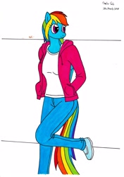 Size: 2466x3496 | Tagged: safe, artist:killerteddybear94, character:rainbow dash, species:anthro, clothing, hands in pockets, hoodie, jeans, multicolored hair, pants, requested art, shoes