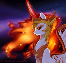 Size: 1117x1066 | Tagged: safe, artist:clefficia, artist:togeticisa, character:daybreaker, character:princess celestia, species:alicorn, species:pony, episode:a royal problem, g4, my little pony: friendship is magic, armor, collaboration, crown, female, glowing horn, jewelry, magic, mare, redraw, regalia, solo
