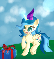 Size: 1532x1681 | Tagged: safe, artist:brok-enwings, oc, oc:tina fountain heart, species:alicorn, species:pony, alicorn oc, clothing, excited, female, hat, party hat, present, solo