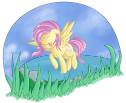 Size: 1897x1556 | Tagged: safe, artist:brok-enwings, character:fluttershy, species:pegasus, species:pony, blushing, cute, eyes closed, female, flying, mare, plants, pond, raised hoof, rock, shyabetes, simple background, smiling, solo, spread wings, transparent background, water, wings