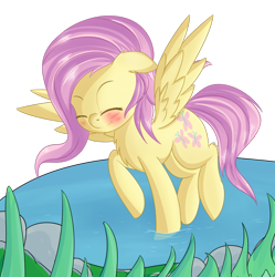 Size: 1004x1010 | Tagged: safe, artist:brok-enwings, character:fluttershy, species:pegasus, species:pony, blushing, cute, eyes closed, female, flying, mare, plants, pond, raised hoof, rock, shyabetes, simple background, smiling, solo, spread wings, transparent background, water, wings