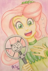 Size: 800x1191 | Tagged: safe, artist:mayorlight, character:fluttershy, episode:so much more to me, g4, my little pony: equestria girls, my little pony:equestria girls, colored pencil drawing, female, looking at you, microphone, open mouth, solo, traditional art
