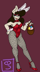 Size: 1440x2560 | Tagged: safe, artist:dimvitrarius, oc, oc:sunny, species:anthro, species:earth pony, species:pony, species:unguligrade anthro, animal costume, anthro oc, armpits, basket, bunny ears, bunny suit, bunny tail, chubby, clothing, costume, cuffs (clothes), easter, easter basket, easter bunny, easter egg, female, fishnet pantyhose, high heels, holiday, leotard, lip gloss, lipstick, looking at you, nail polish, shoes, simple background, solo