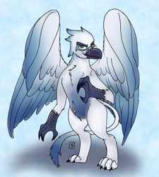 Size: 2460x2728 | Tagged: safe, artist:dimvitrarius, oc, oc only, oc:ghislain, species:griffon, beak, chest fluff, claws, colored wings, commission, gradient, gradient background, gradient wings, griffon oc, male, scar, simple background, solo, spread wings, standing, wings