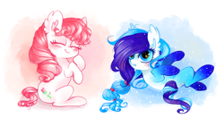 Size: 8315x4382 | Tagged: safe, artist:pinkablue, character:desert rose, species:earth pony, species:pony, g3, absurd resolution, blushing, cute, diaraines, diaroses, duo, ear fluff, eyes closed, female, gradient hooves, hnnng, mare, on back, scrunchie, silver rain, sitting, smiling, starry eyes, wingding eyes