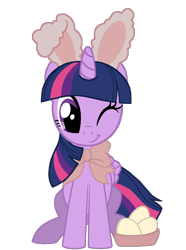 Size: 1500x2018 | Tagged: safe, artist:lonewolf3878, character:twilight sparkle, character:twilight sparkle (alicorn), species:alicorn, species:pony, basket, bow, bunny ears, cute, easter, easter egg, egg (food), female, food, holiday, looking at you, one eye closed, simple background, sitting, smiling, solo, transparent background, twiabetes, vector, weapons-grade cute, wink
