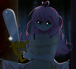 Size: 1100x1000 | Tagged: safe, artist:clefficia, character:fluttershy, species:human, .mov, anime, chainsaw, clothing, drool, female, fluttershed, humanized, night, shed.mov, solo, winged humanization, wings