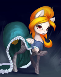 Size: 2500x3118 | Tagged: safe, artist:oneofyouare, oc, oc only, oc:storm shield, species:pegasus, species:pony, blushing, clothing, dress, female, fishnets, looking at you, mare, raised hoof, simple background, solo