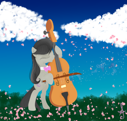 Size: 4861x4628 | Tagged: safe, artist:silversthreads, character:octavia melody, species:earth pony, species:pony, absurd resolution, bow (instrument), bow tie, cello, cello bow, cherry blossoms, cloud, earth, female, flower, flower blossom, mare, musical instrument, solo
