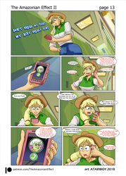 Size: 1681x2344 | Tagged: safe, artist:atariboy2600, artist:bluecarnationstudios, character:applejack, character:granny smith, comic:the amazonian effect, comic:the amazonian effect ii, my little pony:equestria girls, canterlot high, cellphone, clothing, comic, cowboy hat, dialogue, explicit series, hallway, hat, lockers, phone, smartphone, speech bubble, stetson