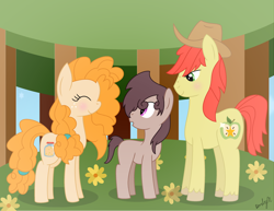 Size: 3264x2522 | Tagged: safe, artist:darbypop1, character:bright mac, character:pear butter, oc, oc:iron granite, parent:big macintosh, parent:marble pie, parents:marblemac, species:earth pony, species:pony, flower, forest, grandparent and grandchild moment, grandparent:bright mac, grandparent:pear butter, male, offspring, signature
