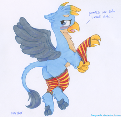 Size: 931x900 | Tagged: safe, artist:foxxy-arts, character:gallus, species:griffon, blushing, butt, butt fluff, chest fluff, clothing, dialogue, fluffy, flying, gallass, leg fluff, leg warmers, looking at you, looking back, looking back at you, male, open mouth, paw pads, paws, socks, solo, spread wings, striped socks, traditional art, underpaw, wings