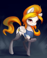 Size: 962x1200 | Tagged: safe, alternate version, artist:oneofyouare, oc, oc only, oc:storm shield, species:pegasus, species:pony, blushing, clothing, female, fishnets, looking at you, mare, raised hoof, simple background, solo