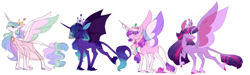 Size: 10000x3000 | Tagged: safe, artist:uunicornicc, character:princess cadance, character:princess celestia, character:princess luna, character:twilight sparkle, character:twilight sparkle (alicorn), species:alicorn, species:classical unicorn, species:pony, species:unicorn, alicorn tetrarchy, alternate design, bat wings, clothing, cloven hooves, coat markings, colored ears, colored hooves, crown, dappled, ethereal mane, female, galaxy mane, horn jewelry, jewelry, leonine tail, looking back, mare, missing cutie mark, profile, raised hoof, regalia, scar, see-through, simple background, spread wings, unshorn fetlocks, veil, white background, wings