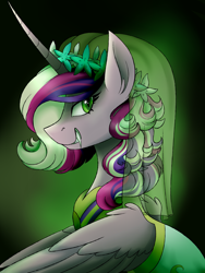 Size: 3000x4000 | Tagged: safe, artist:uunicornicc, character:queen chrysalis, episode:a canterlot wedding, g4, my little pony: friendship is magic, abstract background, clothing, disguise, disguised changeling, dress, fake cadance, fangs, female, floral head wreath, flower, looking at you, profile, slit eyes, solo, spread wings, veil, wings