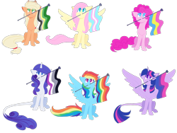 Size: 1600x1200 | Tagged: safe, artist:uunicornicc, character:applejack, character:fluttershy, character:pinkie pie, character:rainbow dash, character:rarity, character:twilight sparkle, character:twilight sparkle (alicorn), species:alicorn, species:earth pony, species:pegasus, species:pony, applejack's hat, aromantic, aromantic pride flag, asexual pride flag, bi twi, bilight sparkle, bisexual pride flag, clothing, cowboy hat, female, gay pride, gay pride flag, hair tie, hat, headcanon, leonine tail, lgbt headcanon, looking up, mane six, mare, pansexual pride flag, pride, pride flag, sexuality headcanon, simple background, sitting, spread wings, trans female, transgender, transgender pride flag, transparent background, wings