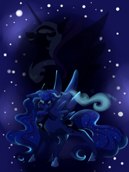 Size: 1200x1600 | Tagged: safe, artist:uunicornicc, character:nightmare moon, character:princess luna, species:alicorn, species:pony, abstract background, crying, cutie mark, duality, ethereal mane, female, galaxy mane, glowing horn, grin, helmet, jewelry, looking down, mare, regalia, smiling, spread wings, wings