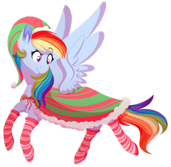 Size: 1095x1071 | Tagged: safe, artist:uunicornicc, part of a set, character:rainbow dash, species:pegasus, species:pony, beautiful, christmas, cloak, clothing, elf hat, female, hat, holiday, mare, rainbow dash always dresses in style, raised eyebrow, simple background, socks, solo, spread wings, striped socks, transparent, transparent background, wings