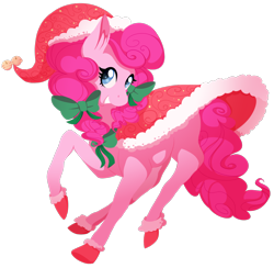 Size: 1134x1107 | Tagged: safe, artist:uunicornicc, part of a set, character:pinkie pie, species:earth pony, species:pony, bell, bow, cape, christmas, clothing, female, hair bow, hat, head turn, holiday, hoof boots, mare, running, santa hat, simple background, smiling, solo, transparent background