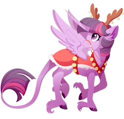Size: 1152x1101 | Tagged: safe, artist:uunicornicc, part of a set, character:twilight sparkle, character:twilight sparkle (alicorn), species:alicorn, species:pony, antlers, cape, christmas, clothing, curved horn, ear fluff, female, harness, holiday, leonine tail, long horn, long tail, looking over shoulder, mare, reindeer antlers, reins, simple background, solo, spread wings, tack, transparent background, unshorn fetlocks, wings