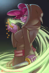 Size: 800x1200 | Tagged: safe, artist:atane27, character:pinkie pie, species:anthro, species:pony, clothing, female, hoodie, hoof hands, knife, looking at you, magic, mare, patreon, patreon logo, solo