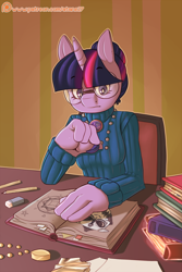 Size: 800x1200 | Tagged: safe, artist:atane27, character:twilight sparkle, species:anthro, species:pony, book, clothing, female, glasses, jewelry, mare, necklace, patreon, patreon logo, pencil, solo, sweater, turtleneck