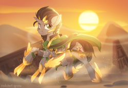 Size: 1501x1030 | Tagged: safe, artist:redchetgreen, oc, oc only, oc:iratus arcana, species:pony, species:unicorn, armor, cape, clothing, desert, facial hair, goatee, male, sand, solo, sunrise, warrior, ych result