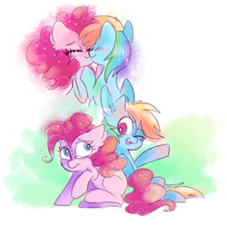 Size: 4596x4568 | Tagged: safe, artist:pinkablue, character:pinkie pie, character:rainbow dash, species:earth pony, species:pegasus, species:pony, ship:pinkiedash, abstract background, absurd resolution, blushing, comforting, eyes closed, female, lesbian, mare, nuzzling, one eye closed, raised hoof, shipping, smiling, teary eyes