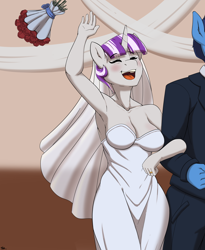 Size: 2474x3020 | Tagged: safe, artist:banbanji, character:night light, character:twilight velvet, species:anthro, art pack:striped, armpits, bouquet, breasts, bride, busty twilight velvet, cleavage, clothing, dress, eyes closed, female, marriage, milf, ring, smiling, wedding, wedding dress, wedding ring, wedding veil