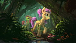 Size: 1920x1080 | Tagged: safe, artist:plainoasis, character:fluttershy, character:tree hugger, species:earth pony, species:pegasus, species:pony, duo, female, first aid kit, forest, hair up, jungle, looking around, mare, open mouth, scar