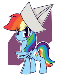 Size: 1455x1787 | Tagged: safe, artist:hedgehog-plant, character:rainbow dash, species:pegasus, species:pony, backwards cutie mark, blep, clothing, female, hat, paper hat, silly, solo, tongue out