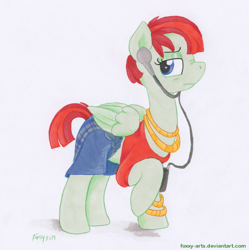 Size: 950x952 | Tagged: safe, artist:foxxy-arts, character:valley glamour, species:pegasus, species:pony, clothing, earbuds, female, headphones, looking at you, mare, midriff, nose wrinkle, profile, raised hoof, shirt, signature, solo, traditional art, walkman