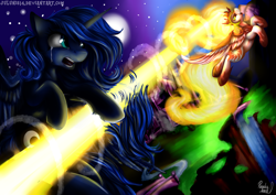 Size: 1024x724 | Tagged: safe, artist:julunis14, character:daybreaker, character:princess celestia, character:princess luna, alternate universe, banishment, castle of the royal pony sisters, fight, flying, hair cutting, mane of fire, moon, role reversal, sad, scared, screaming, stars, sun