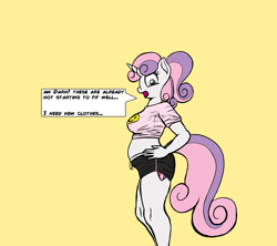 Size: 3600x3200 | Tagged: safe, artist:cosmonaut, artist:pacificside18, character:sweetie belle, species:anthro, species:unguligrade anthro, clothing, cutie mark, dialogue, older, preggy belle, pregnant, shorts, tight clothing, wardrobe malfunction