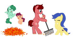 Size: 3400x1714 | Tagged: safe, artist:crystal-tranquility, oc, oc only, oc:little dipper, oc:melody star, oc:north star, oc:wineberry, parent:oc:north star, parent:oc:wineberry, parents:winestar, species:earth pony, species:pegasus, species:pony, colt, female, filly, leaf, male, mare, rake, simple background, stallion, stars, transparent background, winestar