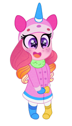 Size: 540x940 | Tagged: safe, artist:carouselunique, oc, oc only, oc:honeycrisp blossom, parent:big macintosh, parent:princess cadance, parents:cadmac, my little pony:equestria girls, clothing, coat, freckles, lego, mittens, offspring, pigtails, simple background, solo, starry eyes, the lego movie, transparent background, twintails, unicorn hat, unikitty, wingding eyes