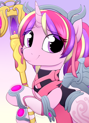 Size: 3000x4125 | Tagged: safe, artist:moozua, derpibooru original, character:princess cadance, alternate hairstyle, blizzard entertainment, breast cancer awareness, crossover, female, gold weapon, mercy, overwatch, pigtails, pink mercy, ponytails, solo