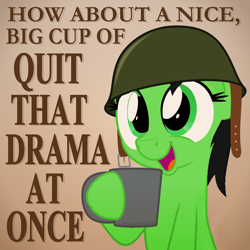 Size: 680x680 | Tagged: safe, anonymous artist, artist:zutheskunk edits, edit, oc, oc:filly anon, species:earth pony, species:pony, coffee, coffee mug, cup, drama, drinking, female, filly, helmet, holding, mug, parody, reaction image, smiling, solo, stfu, text, vector