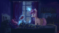 Size: 1921x1080 | Tagged: safe, artist:plainoasis, character:twilight sparkle, character:twilight velvet, species:pony, species:unicorn, bed, book, female, filly, filly twilight sparkle, glowing horn, magic, mare, mother and daughter, rain, sleeping, smiling, window, younger