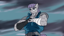 Size: 1280x720 | Tagged: safe, artist:atariboy2600, edit, character:maud pie, species:anthro, animated, cracking knuckles, disproportional anatomy, female, hokuto no ken, kenshiro, maud pump, muscles, omae wa mou shindeiru, ripped, solo, sound, this will end in death, this will end in omae wa mou shindeiru, this will end in pain, webm, wip