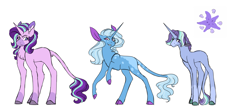 Size: 3500x1500 | Tagged: safe, artist:uunicornicc, character:starlight glimmer, character:trixie, parent:starlight glimmer, parent:trixie, parents:startrix, species:classical unicorn, species:pony, species:unicorn, ship:startrix, cloven hooves, cutie mark, female, leonine tail, lesbian, magical lesbian spawn, mare, offspring, shipping, simple background, unshorn fetlocks, white background