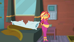 Size: 8222x4690 | Tagged: safe, artist:myfavoritepreggopics, artist:pacificside18, edit, character:sunset shimmer, my little pony:equestria girls, absurd resolution, bed, belly, belly button, big belly, calendar, clothing, female, looking down, nightstand, pajamas, pregnant, pregnant equestria girls, shadow, slippers, solo, sunset's apartment, update, vector, vector edit, window