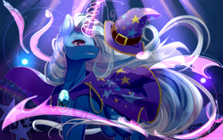 Size: 1773x1114 | Tagged: safe, artist:clefficia, artist:togeticisa, character:trixie, species:pony, species:unicorn, cape, clothing, collaboration, female, hat, magic, solo, trixie's cape, trixie's hat