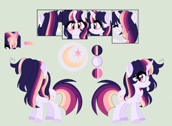 Size: 942x690 | Tagged: safe, artist:moon-rose-rosie, oc, oc:celestial moon, parent:rainbow dash, parent:twilight sparkle, parents:twidash, species:pony, species:unicorn, female, magical lesbian spawn, mare, offspring, reference sheet, solo