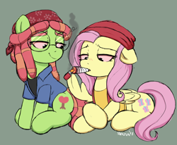 Size: 1892x1557 | Tagged: safe, artist:moozua, derpibooru original, character:fluttershy, character:tree hugger, species:earth pony, species:pegasus, species:pony, cheech & chong, cheech and chong, clothing, cutie mark, drugs, duo, female, flutterhigh, flutterjoint, glasses, high, joint, lighter, mare, marijuana, pot, red eyes, simpsons did it, smiling, smoking, the simpsons, tree stoner