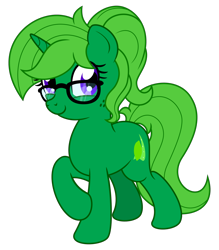 Size: 1538x1752 | Tagged: safe, alternate version, artist:limedreaming, artist:wavecipher, oc, oc only, oc:lime dream, species:pony, species:unicorn, alternate hairstyle, digital art, female, freckles, glasses, green fur, happy, looking at you, mare, simple background, smiley face, smiling, solo, study, transparent background, vector