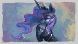 Size: 1707x960 | Tagged: safe, artist:plainoasis, character:princess luna, species:alicorn, species:pony, bust, crown, female, hoof on chin, jewelry, lidded eyes, looking away, mare, portrait, regalia, solo, thinking